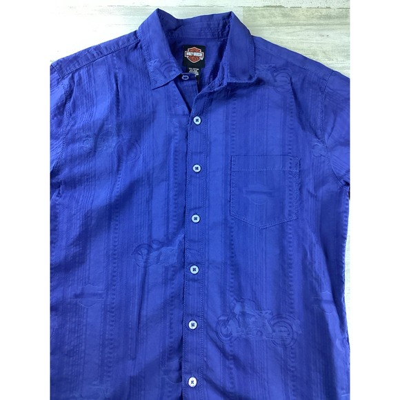 Harley-Davidson Tops - Harley Davidson Blue SS Mens Med Tone-on-Tone Motorcyle Graphics Button Up